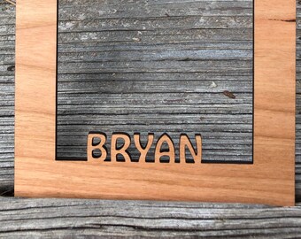 Wood laser cut 5x7 picture mat personalized to frame photos. Custom matboard