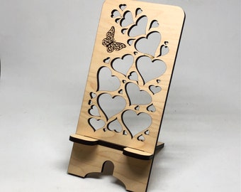 Butterfly/hearts wood phone holder. Laser cut stand.