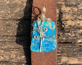 Deep Turquoise Imperial Jasper wire wrapped pendant. Reversible. Cord included.