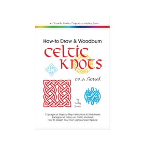 Puede incluir: Una portada de libro con el título "How-to Draw & Woodburn Celtic Knots on a Gourd" de Kally James. La portada presenta una ilustración colorida de nudos celtas.