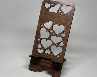 Pierced Hearts wood phone holder. Laser cut stand. Can be personalized