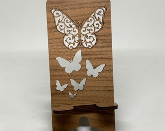 Butterfly wood phone holder. Laser cut stand. Can be personalized.