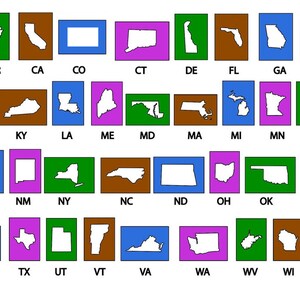 May include: A chart showing the outlines of all 50 US states, each state is a different color and labeled with its two-letter abbreviation.