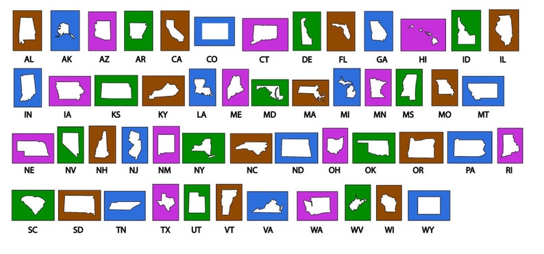 May include: A chart showing the outlines of all 50 US states, each state is a different color and labeled with its two-letter abbreviation.