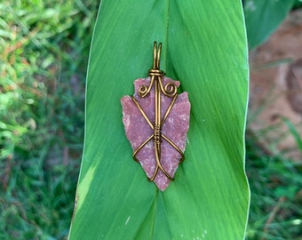 Red Chert Arrowhead wire wrapped pendant with brass wire. Cord included.