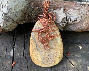 Picture Jasper large wire wrapped pendant with copper and beads. Cord included.