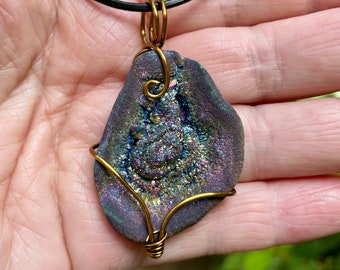 Purple Rainbow Unique Druzy wire wrapped pendant. Tiny crystals. Cord included.