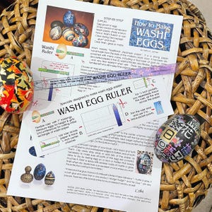 May include: A close-up of a printed guide for making washi eggs, featuring a ruler with markings for measuring egg size and a step-by-step guide with illustrations. The guide includes instructions for cutting, tracing, and trimming washi paper to create intricate designs on eggs.