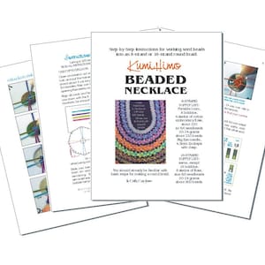 May include: Instructions for making a beaded necklace using the Kumihimo braiding technique. The instructions include a supply list, step-by-step instructions, and diagrams showing how to add beads to the braid.