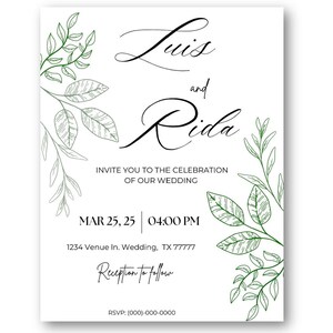 Carton d'invitation numérique modifiable esthétique, mariage, baby shower, baby shower, anniversaire, cérémonie, fête, imprimable, vert, blanc