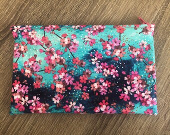 Handmade Blue and Pink Cherry Blossom Pencil Pouch / Makeup bag
