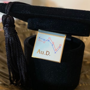 Puede incluir: Un pin de oro con fondo azul y blanco. El pin presenta un gráfico de líneas con marcas rojas y azules. El texto "Au.D." está impreso en oro en el pin.