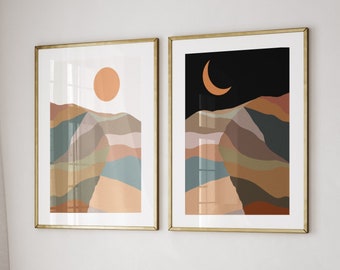 Sun And Moon Printable Art, Art Set Of 2, Night And Day, Mid Century Modern, Abstract Desert Art, Colorful Art, Nursery Art, Bedroom Deco