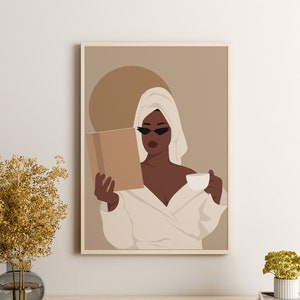 Modern Woman Art, Black Girl Reading Art, Woman Illustration, DIGITAL, African Woman Art, Bathroom Print, Classy Woman Art, Coffee Wall Art