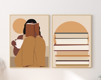 Bookish Art, Girl Reading Art Set, Set of 2 Girl Art, Book Lover Art, Coffee And Books, Black Girl Art, Woman Print, Abstract Wall Art