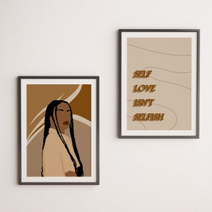 Black Girl Portrait Art, Quotes Wall Art, Self Love, Set Of 2 Girl Art, Boho Woman Art Set, Motivational Art, Braids Girl Print, African Art image 4