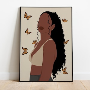 DIGITAL DOWNLOAD - Curly Hair Girl Art, Black Girl Magic, Butterflies Art, Boho Woman Print, Fashion Art Print, Modern Girl Portrait Art