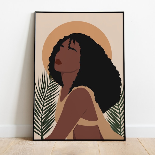 Black Girl Art, Afro Woman Art, Woman Portrait Art, Digital Print, Mid Century Modern, Curly Hair Art, Boho Wall Art, African American Art.