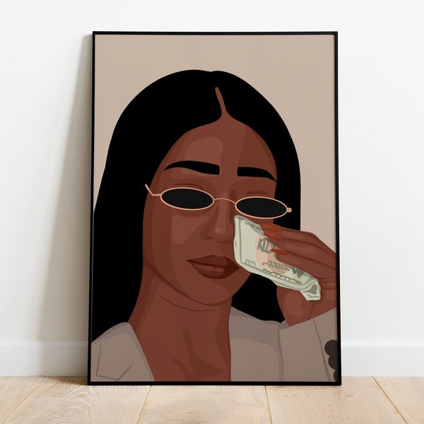 Woman Portrait Art, Black Girl Art, Funny Art, Girl Money Art, Boss Lady Art, Girl With Cash, Female Empowerment, Feminist Print, Boho Art