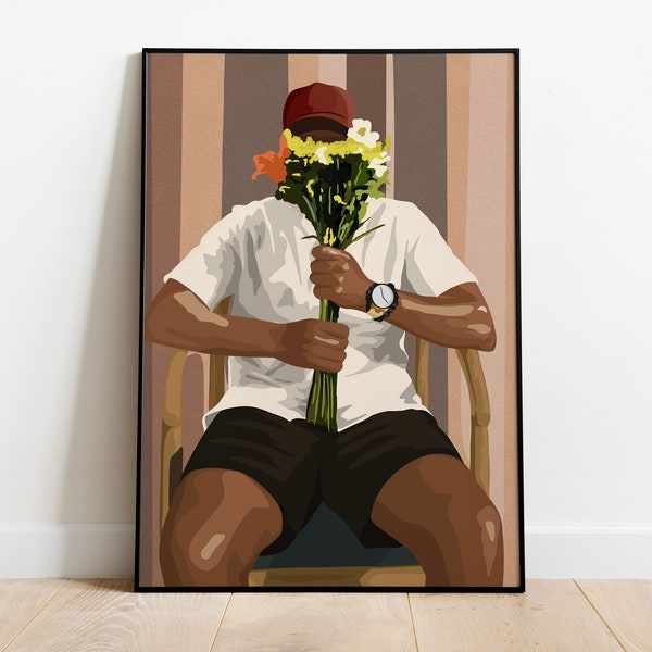 Black Art, Black Wall Art, Black Man Poster, Man With Flowers, Abstract Wall Art, Fashion, Trendy Art, Gift For Him, Home Decor, Floral Art
