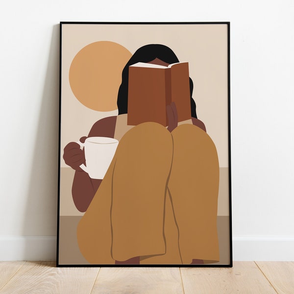 Boho Reading Girl Art, Black Girl Art, Book Lover Art Print DIGITAL Woman Illustration, African American Art Fashion Print Modern Female Art