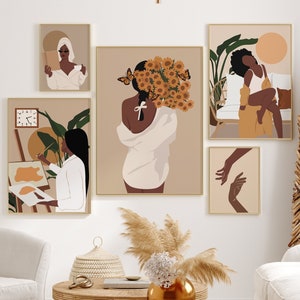 Black Girl Art, Set Of 5 Black Woman Art, African American Art, Boho Wall Set, Black Woman Prints, Gallery Wall Set, Female Portrait Poster.