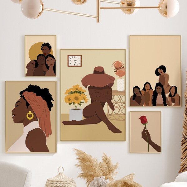 Set Of 5 Girl Art, Black Woman Print, Black Girl Magic, Boho Wall Art, Melanin Art, Female Portrait Art, Girl Room Art Deco, Flower Wall Art
