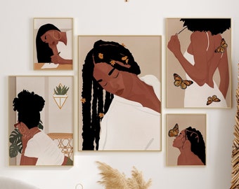 Black Girl Art Set Of 5, African American Art, Dreadlocks Girl Art, Boho Woman Art, Printable Art, Curly Hair Girl Poster, Gallery Wall Art