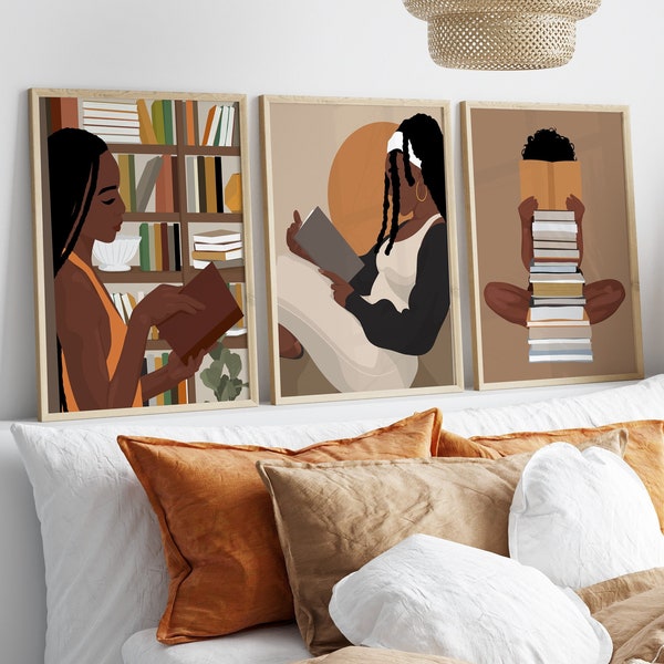 Black Girl Art Set, Ensemble de 3 Art, Book Lover Art, Girl Reading Art, Female Wall Art, Bookish Art, Dorm Decor, Boho Art, Black Girl Magic