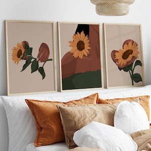 Woman Art Set of 3, Black Girl Art, Sunflowers Art, Hand Holding Flower, Printable Art, Female Portrait, Boho Art, Home Decor, Above Bed Art