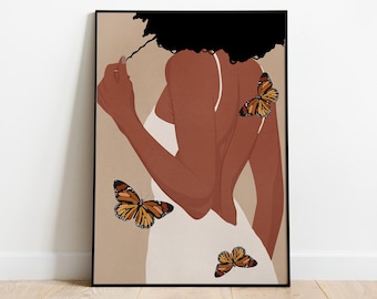 Curly Hair Girl, Black Girl Art Print, African American, Black Girl Magic, Boho Wall Art, Butterfly Art Print, Woman Back Art, Fashion Print