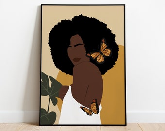 Afro Black Girl Art, Black Girl Art, Boho Woman Art, Abstract Wall Art, Afro Hair Art, Butterfly Girl Art, Modern Woman Art, Curly Hair Art