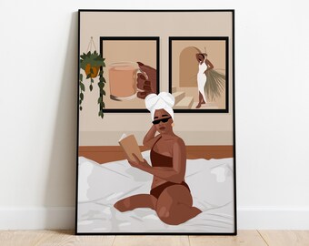 Black Girl Bedroom Art, African American Art, Black Woman Print, Girl Illustration, Book Lover Art, Girl Reading Art, Female Abstract Art