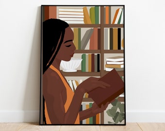 Book Girl Art, Black Girl Wall Art, Black Girl Art, Minimalist Wall Art, Boho Girl Print, Book Lover, Fashion Art, Abstract Art, Black Girl