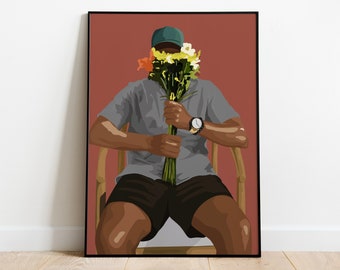 Black Art, Black Wall Art, Black Man Poster, Man With Flowers, Abstract Wall Art, Fashion, Trendy Art, Gift For Him, Home Decor, Floral Art