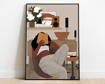 READING GIRL ART, Black Girl Art, Girl Reading, Black Wall Art, Book Poster Art, Curly Hair Girl, Boho Art, Fashion, Black Woman Print