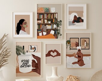 Black Girl Art, Set Of 6 Black Woman Art, African American Art, Boho Wall Set, Black Woman Prints, Gallery Wall Set, Female Portrait Poster.