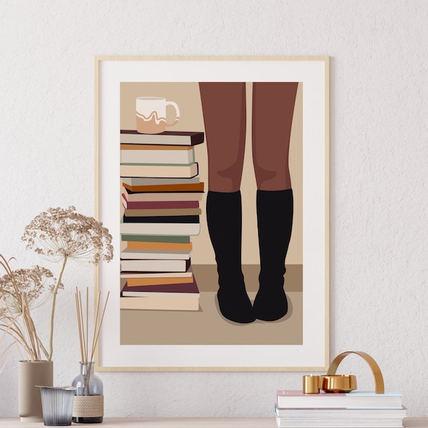 Book Lover Art, Black Girl Art, Girl Book Art, Girl Reading, DIGITAL PRINT, Woman Coffee Art, Library Art Book Wall Art, Abstract Female Art