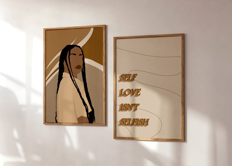 Black Girl Portrait Art, Quotes Wall Art, Self Love, Set Of 2 Girl Art, Boho Woman Art Set, Motivational Art, Braids Girl Print, African Art image 2