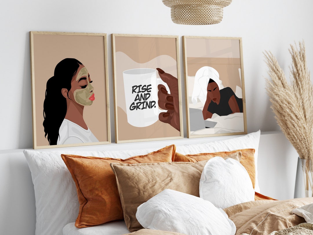 Bedroom Art Set of 3, Black Girl Room Art, Above Bed Art, Selfcare Art