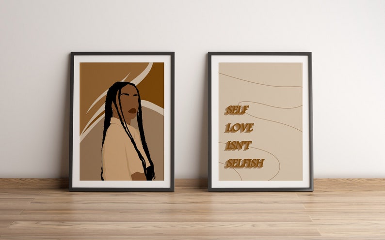 Black Girl Portrait Art, Quotes Wall Art, Self Love, Set Of 2 Girl Art, Boho Woman Art Set, Motivational Art, Braids Girl Print, African Art image 3