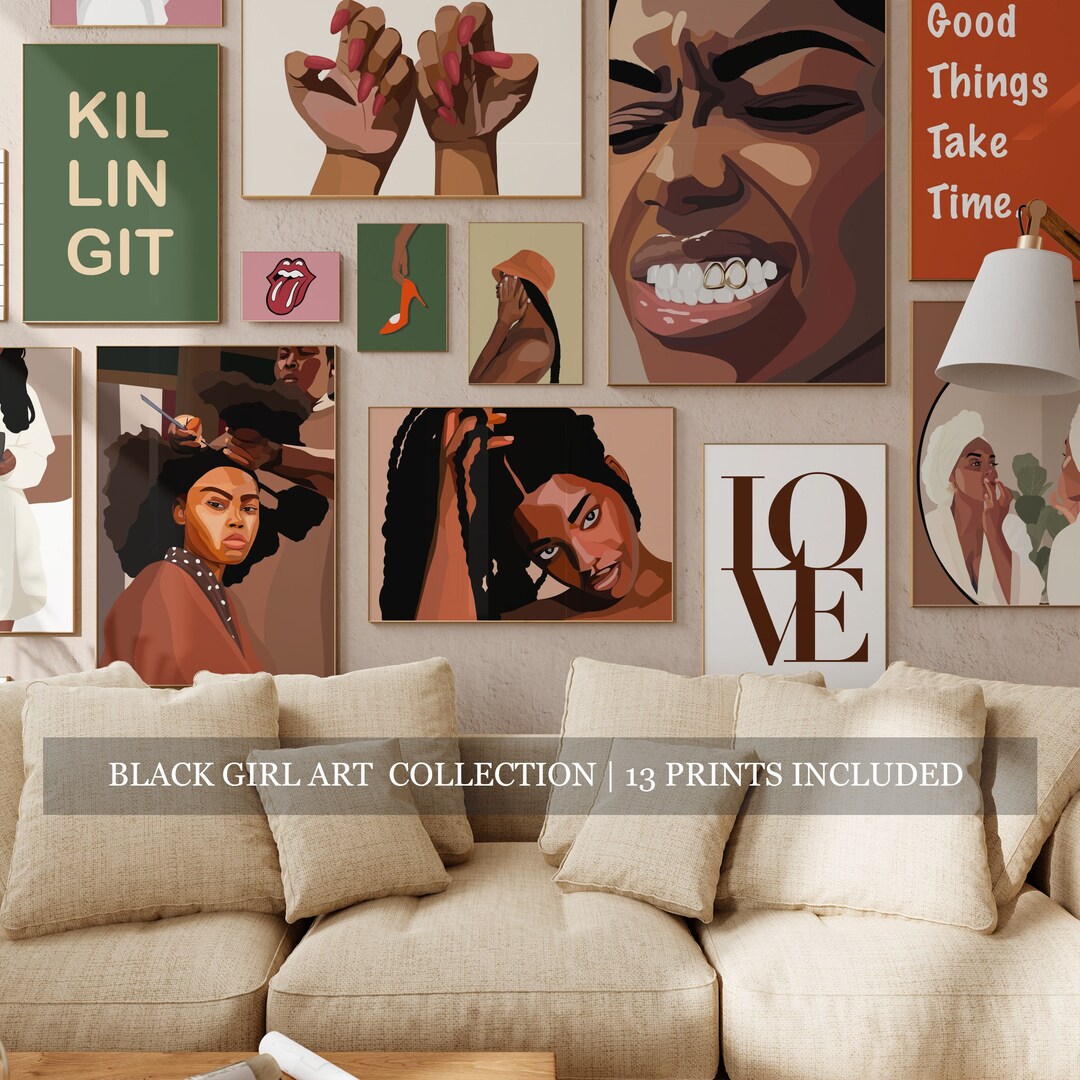 Black Girl Art Set, Girl Wall Art, 13 Pcs Art Set, Woman Face Art, Love ...