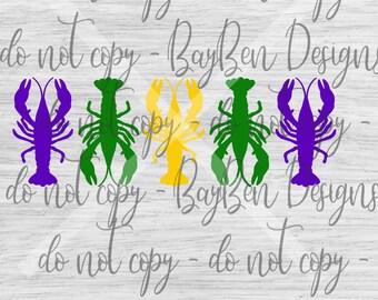 May include: A collection of colorful crawfish silhouettes in purple, green, and yellow. The crawfish are arranged on a light wood-grain background. The image includes the text "BayBen Designs".