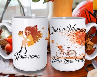 Just A Woman Who Loves Fall Coffee Mug, Custom Best Friend Gifts, Autumn Mug, Pumpkin Spice Mug, Halloween Mug, Bestie Fall Birthday Gift