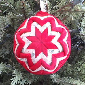 Red Velvet Ornament, Ornament Ball, Quilted Ornament, No-Sew Quilted Ball Ornament, Folded Fabric Ornament Ball, Christmas Ball, 11.2