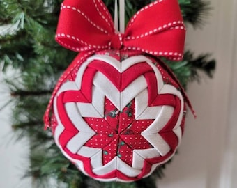 Large Red Star Ornament, Ornament Ball, Quilted Ornament, No-Sew Quilted Ball Ornament, Folded Fabric Ornament Ball, Christmas Ornament Ball