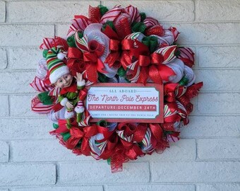 Polar Express Deco Mesh Wreath, Elf Wreath, Holiday Door Decor, Rood Holidays, Red and Green Christmas Wreath