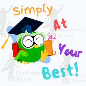 May include: A cartoon image of a green owl wearing a graduation cap and backpack, holding a book and papers with an A+ grade. The text reads "simply At Your Best!" in various colors.