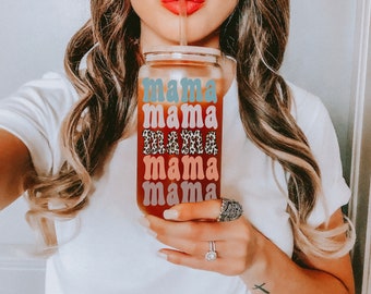 Mama Clear Libbey Can | Glass Mug | Iced Coffee Cup | Libbey Glass | Coffee Gift | Gift for Her | Reusable Plastic Straw | Bamboo Lid