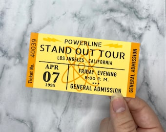 May include: A yellow ticket with black text for the Powerline Stand Out Tour in Los Angeles, California on April 7, 1995. The ticket says "General Admission" and "Friday Evening 8:00 P.M."